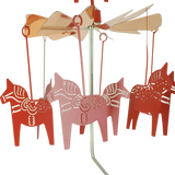 Rose gold Dala horse figures suspended from a circular metal mobile with a central pole, arranged evenly in a Scandinavian-inspired design.