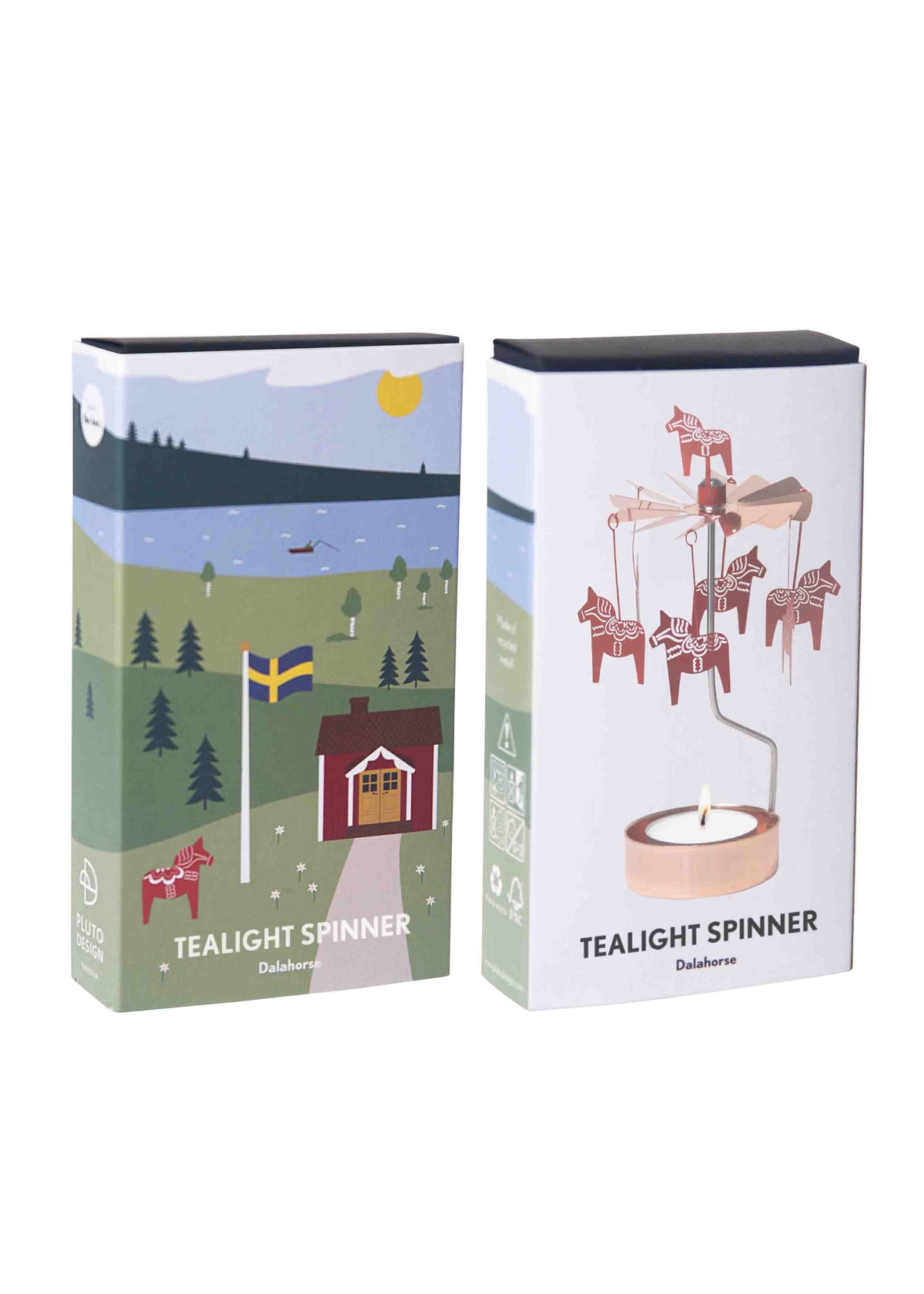 Rotary candle holder in rose gold with Swedish Dala horse charms and countryside motifs. Metal spinner at the top. Candle base is empty; no candle included.