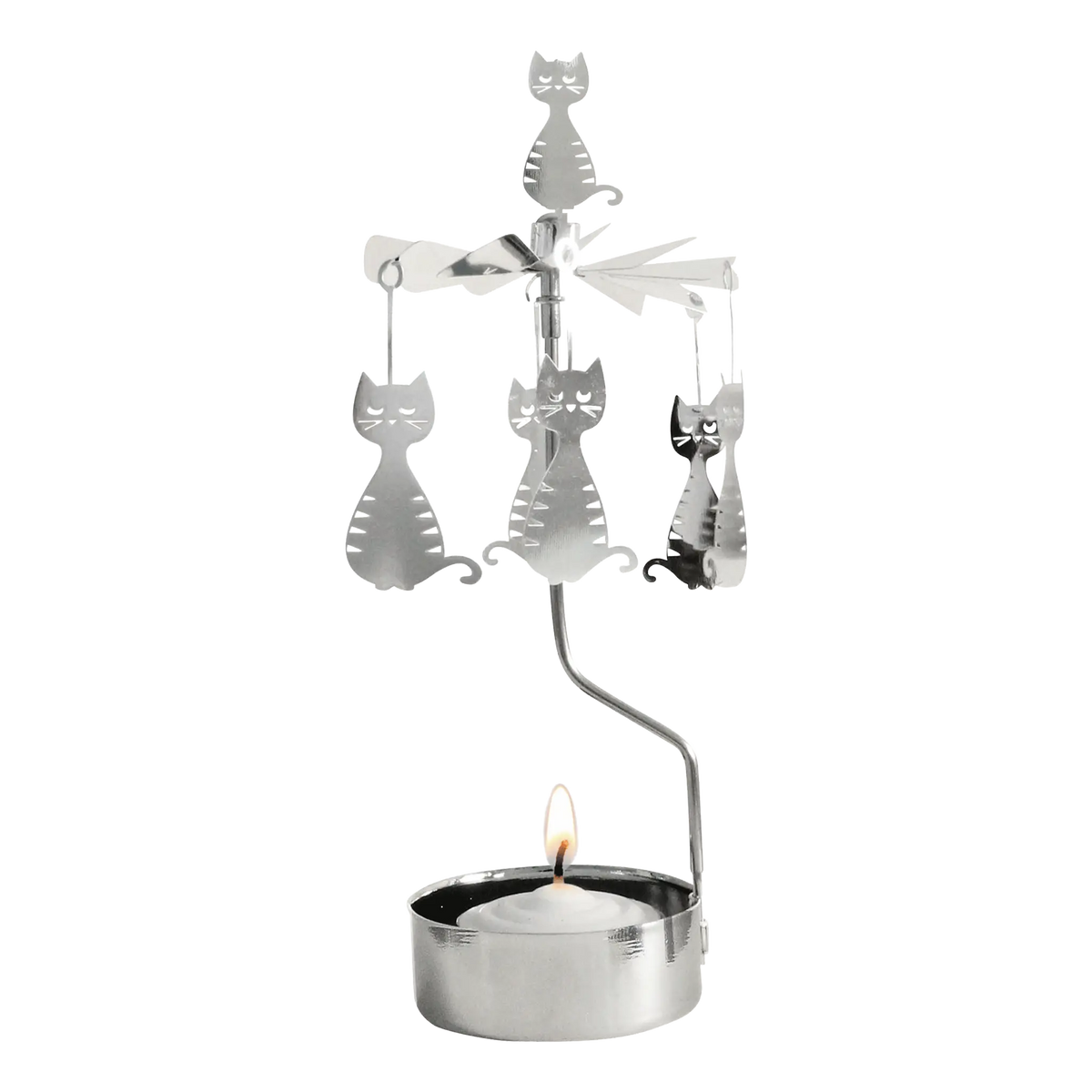 Silver-tone metal rotary candle holder with hanging cat silhouettes.