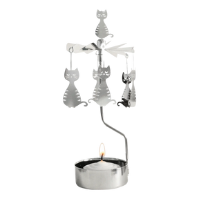 Silver-tone metal rotary candle holder with hanging cat silhouettes.