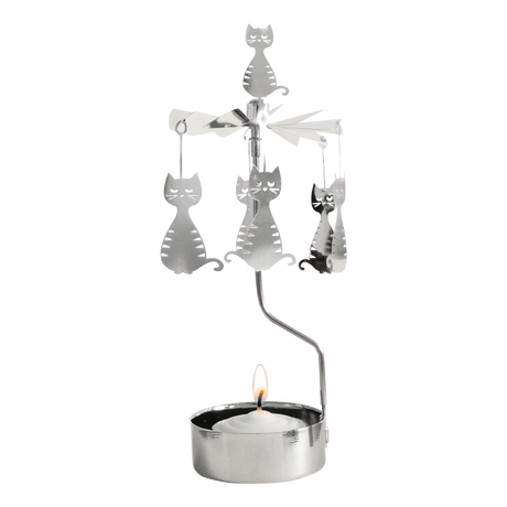 Silver-tone metal rotary candle holder with hanging cat silhouettes.