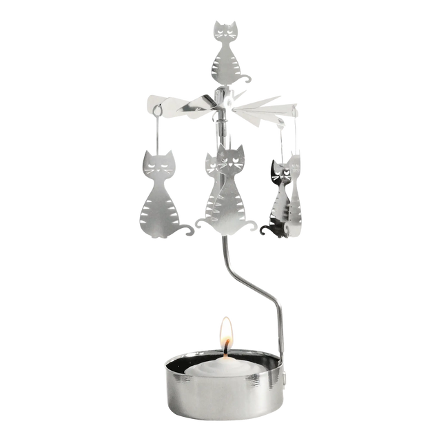 Silver-tone metal rotary candle holder with hanging cat silhouettes.