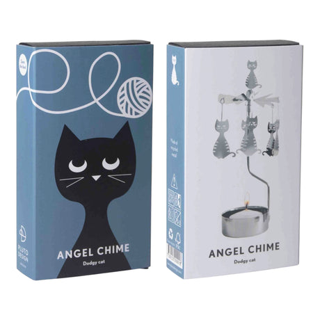 Two rotary candle holder boxes: one blue with a cat graphic and one white showing the metal spinning ornament with a lit candle.