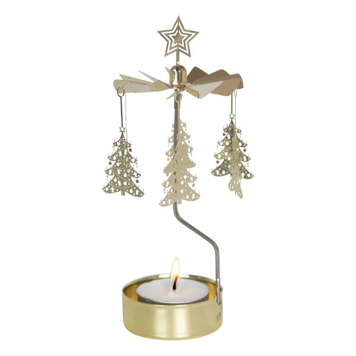 Gold rotary candle holder with star-topped Christmas tree-shaped ornaments spinning above a lit tealight. Plain white background.