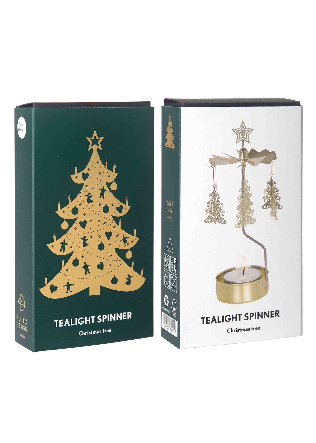 Two boxes: one with a gold Christmas tree illustration, the other displaying the assembled candle holder tealight spinner with a lit tealight.