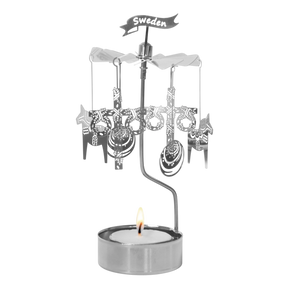 Rotary candle holder with Viking-themed hanging ornaments, “Sweden” sign on top, and a visible tealight below; inspired by Scandinavian design.