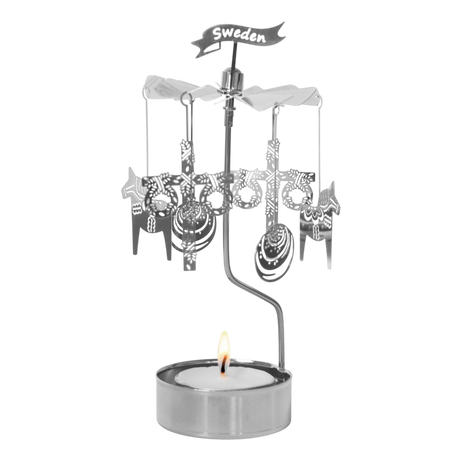Rotary candle holder with Viking-themed hanging ornaments, “Sweden” sign on top, and a visible tealight below; inspired by Scandinavian design.