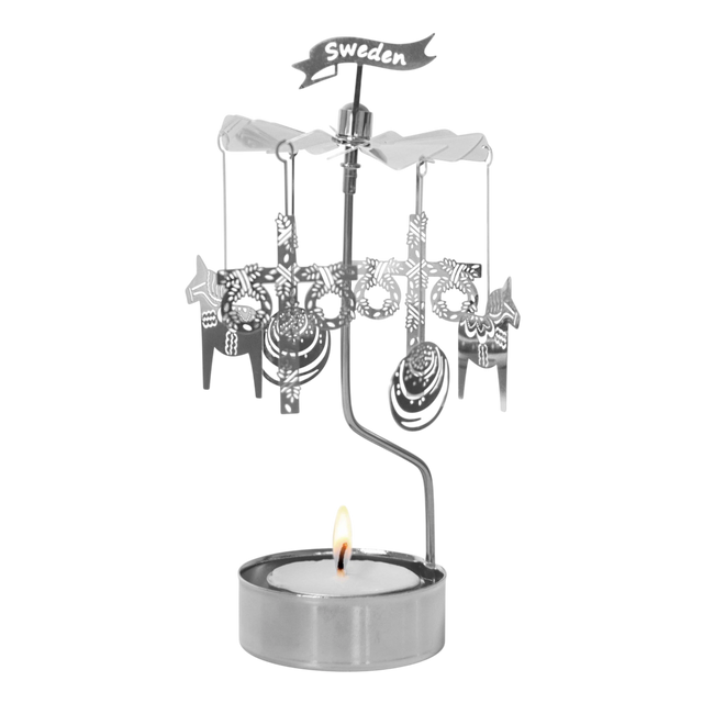 Rotary candle holder with Viking-themed hanging ornaments, “Sweden” sign on top, and a visible tealight below; inspired by Scandinavian design.