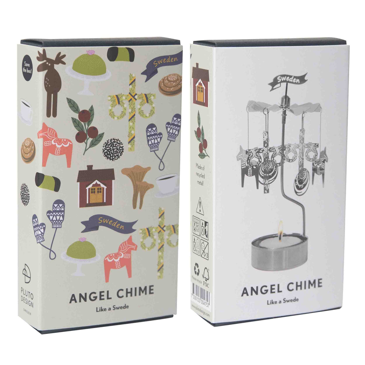 Two boxes of Scandinavian angel chimes; one features Swedish-themed illustrations, the other shows a silver angel chime with a tealight placed below it.