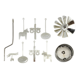 Assorted silver metal parts including a Swedish Dala horse, crosses, circular pieces, a fan blade, and a Sweden sign displayed on a white background.