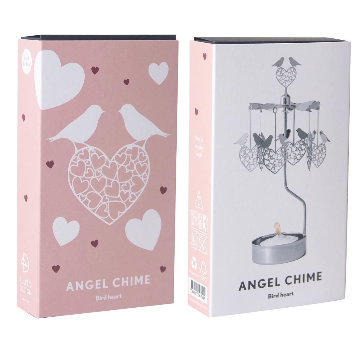 Two pink and white boxes labeled “Angel Chime Bird Heart” with love bird and heart graphics; one box displays a rotary candle holder assembled above a tealight.