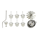 Silver rotary candle holder with six heart-shaped ornaments featuring love birds, a bent metal rod, clamp, fan-like spinner, and a round base made of recycled metal.