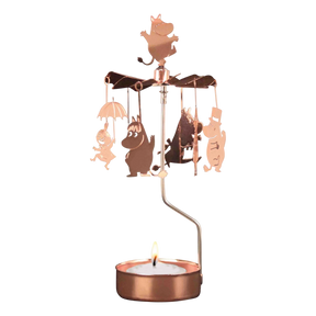 Rose gold candle carousel with metal Moomin family and animal figures hanging above a tealight holder, arranged in a circle to spin from heat.