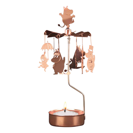 Rose gold candle carousel with metal Moomin family and animal figures hanging above a tealight holder, arranged in a circle to spin from heat.