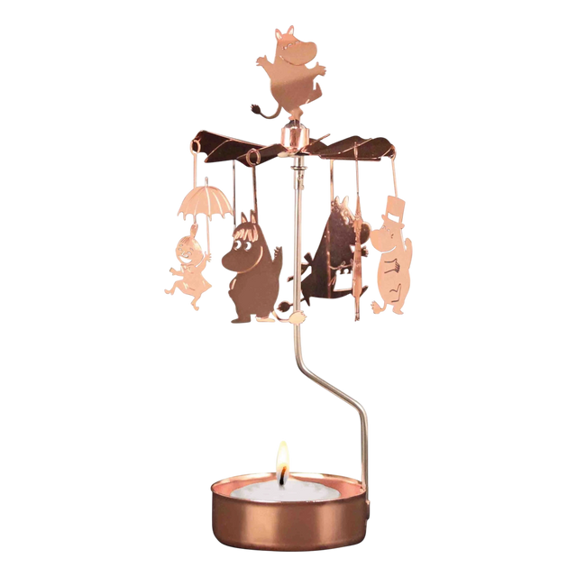 Rose gold candle carousel with metal Moomin family and animal figures hanging above a tealight holder, arranged in a circle to spin from heat.