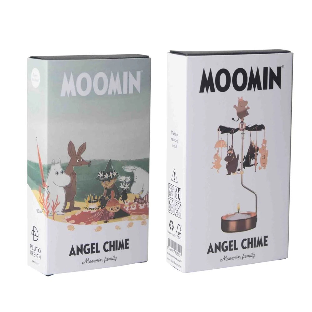 Two boxes showing Moomin-themed Angel Chime sets; one with the Moomin family outdoors, the other with figures spinning around a small candle.