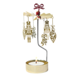 Gold-colored Swedish rotary candle holder featuring hanging nutcracker and ornament silhouettes, topped with a red bow.