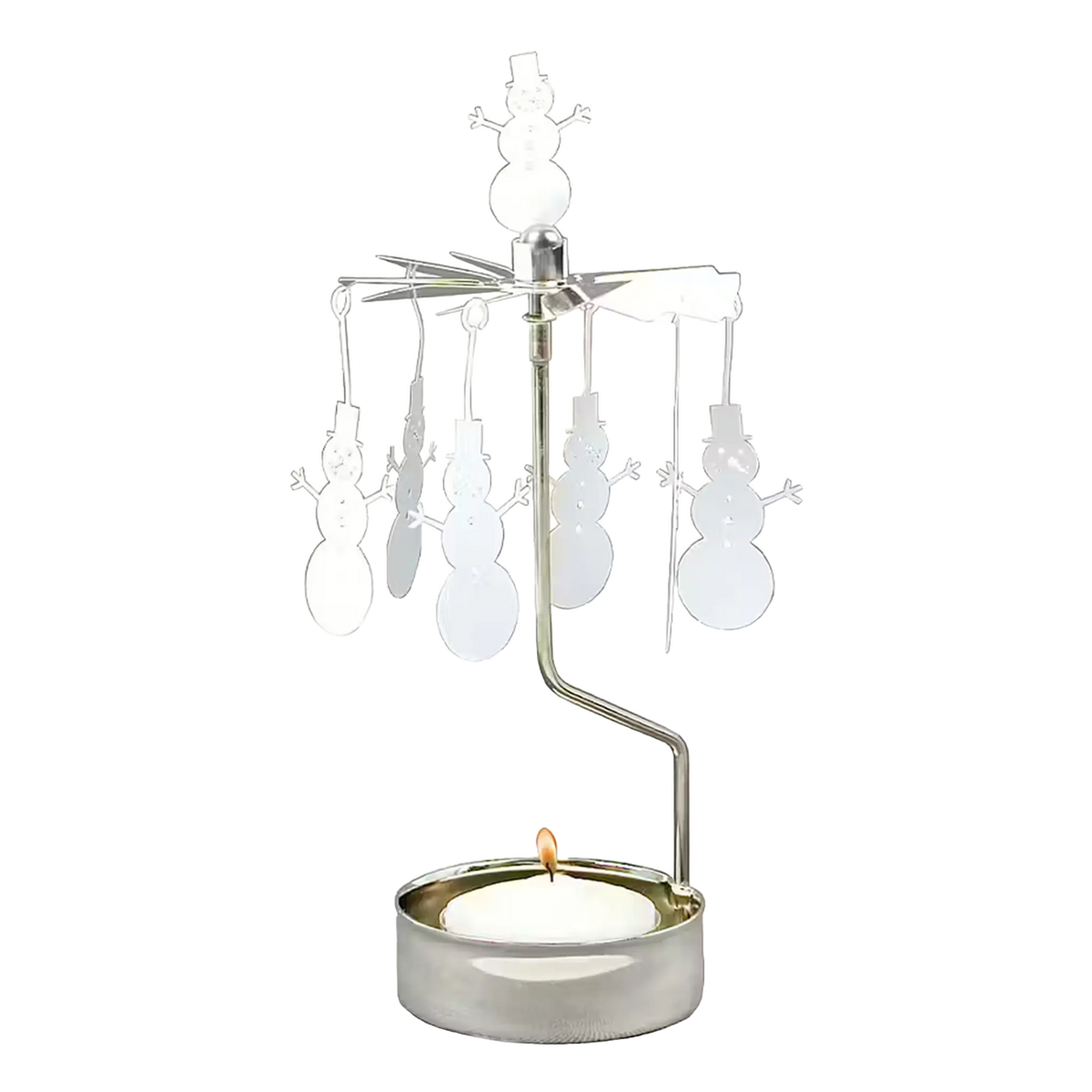 Silver-tone metal rotary candle holder with dangling snowman silhouettes and a lit tea light.