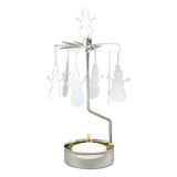 Silver-tone metal rotary candle holder with dangling snowman silhouettes and a lit tea light.