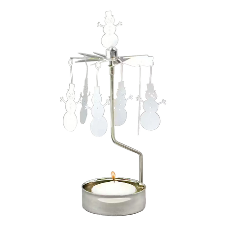 Silver-tone metal rotary candle holder with dangling snowman silhouettes and a lit tea light.