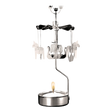A silver-toned metal rotary candle holder with hanging Dala horse and Viking ship ornaments, featuring a lit tea light at the base.