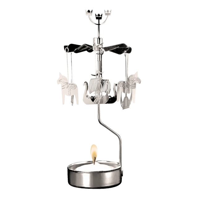 A silver-toned metal rotary candle holder with hanging Dala horse and Viking ship ornaments, featuring a lit tea light at the base.