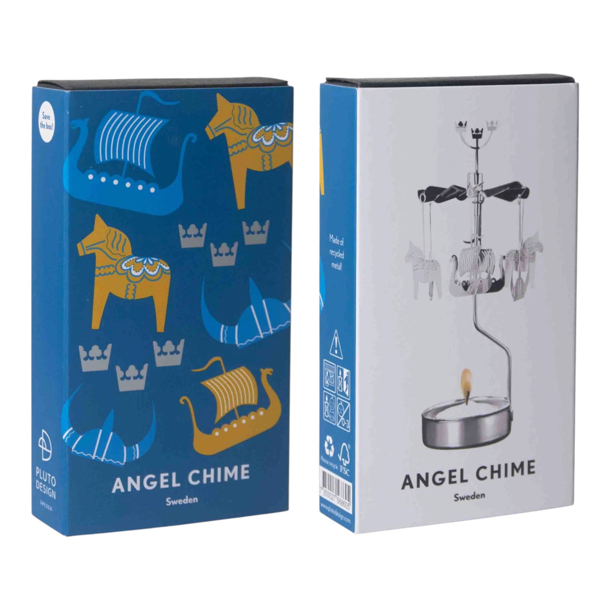 Two boxes for an Angel Chime: a blue box featuring Dala horse and Viking ship motifs, and a white box showing an assembled metallic rotary candle holder.