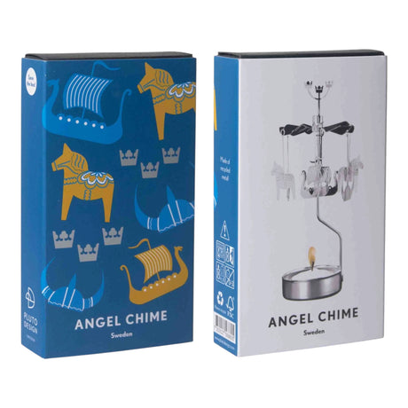 Two boxes for an Angel Chime: a blue box featuring Dala horse and Viking ship motifs, and a white box showing an assembled metallic rotary candle holder.
