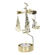 Gold-tone metal rotary candle holder with hanging tree, gnome, and woodland animal ornaments, topped with a spinning star finial.