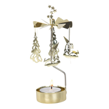 Gold-tone metal rotary candle holder with hanging tree, gnome, and woodland animal ornaments, topped with a spinning star finial.