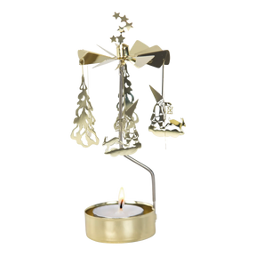 Gold-tone metal rotary candle holder with hanging tree, gnome, and woodland animal ornaments, topped with a spinning star finial.