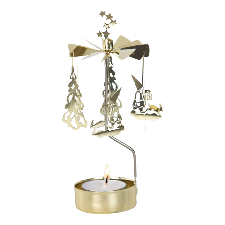 Gold-tone metal rotary candle holder with hanging tree, gnome, and woodland animal ornaments, topped with a spinning star finial.