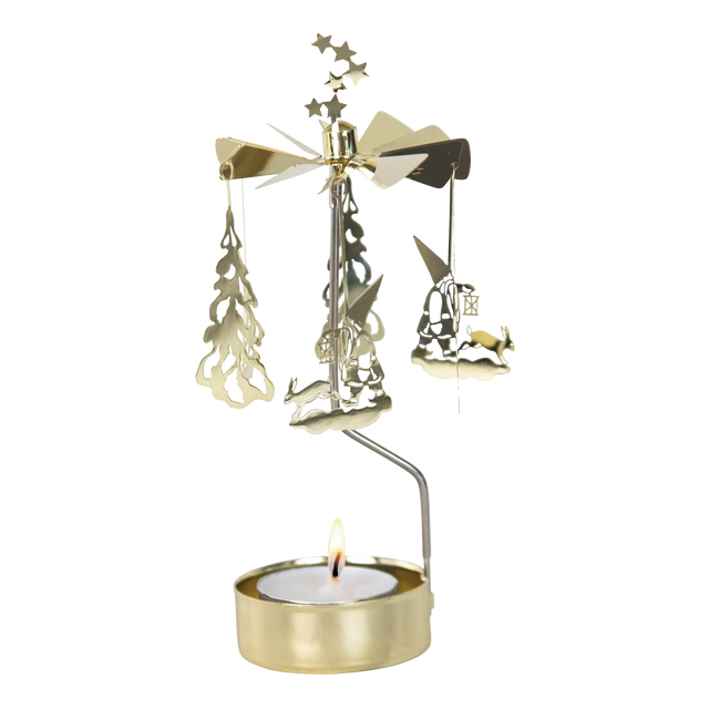 Gold-tone metal rotary candle holder with hanging tree, gnome, and woodland animal ornaments, topped with a spinning star finial.