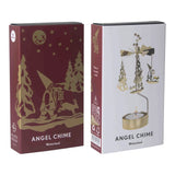 Two rectangular angel chime boxes: one displays a red Tomte in a snowy forest, the other shows a rotary candle holder.