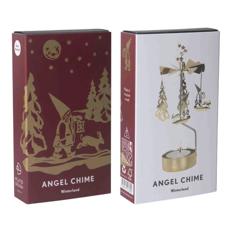Two rectangular angel chime boxes: one displays a red Tomte in a snowy forest, the other shows a rotary candle holder.