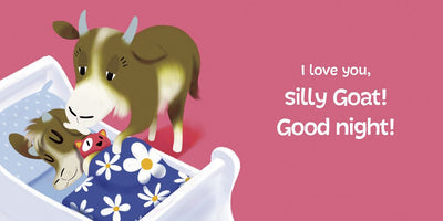 An adult goat stands beside a bed where a young goat sleeps under a blue daisy blanket. The board book Go to Bed, Goat by Michael Dahl (Hello Genius series) reads, “I love you, silly Goat! Good night!” on a pink background.