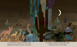 This Peek-Through Board Book features a nighttime desert scene with various animals, cacti, and a gentle crescent moon. Below the illustration are the words: A breeze blows softly across the land... A scorpion scuttles through the night like in a tale from Britta Teckentrup's book, "Moon.