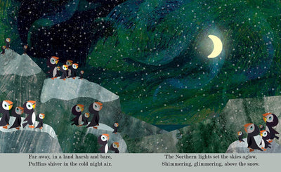Explore the enchanting bedtime book "Moon - A Peek-Through Board Book" by Britta Teckentrup, which beautifully illustrates puffins on snow-covered rocks beneath a starry sky, complete with northern lights and a crescent moon. The accompanying text poetically describes the chilly night, vibrant northern lights, and captivating phases of the moon.