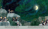 Explore the enchanting bedtime book "Moon - A Peek-Through Board Book" by Britta Teckentrup, which beautifully illustrates puffins on snow-covered rocks beneath a starry sky, complete with northern lights and a crescent moon. The accompanying text poetically describes the chilly night, vibrant northern lights, and captivating phases of the moon.