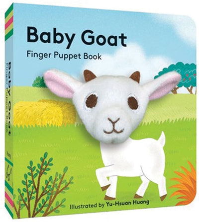 The cover of Book: Baby Goat - Board Book features a plush goat puppet attached to an illustration of a goat in a grassy field with trees and bushes in the background.