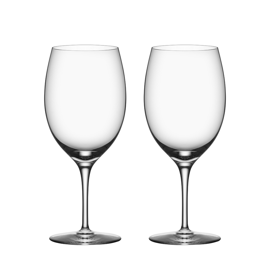 The Orrefors Premier Cabernet Glass 2-Pack features two elegantly mouth-blown wine glasses standing together on a plain white background, ready to enhance your Cabernet Sauvignon experience.