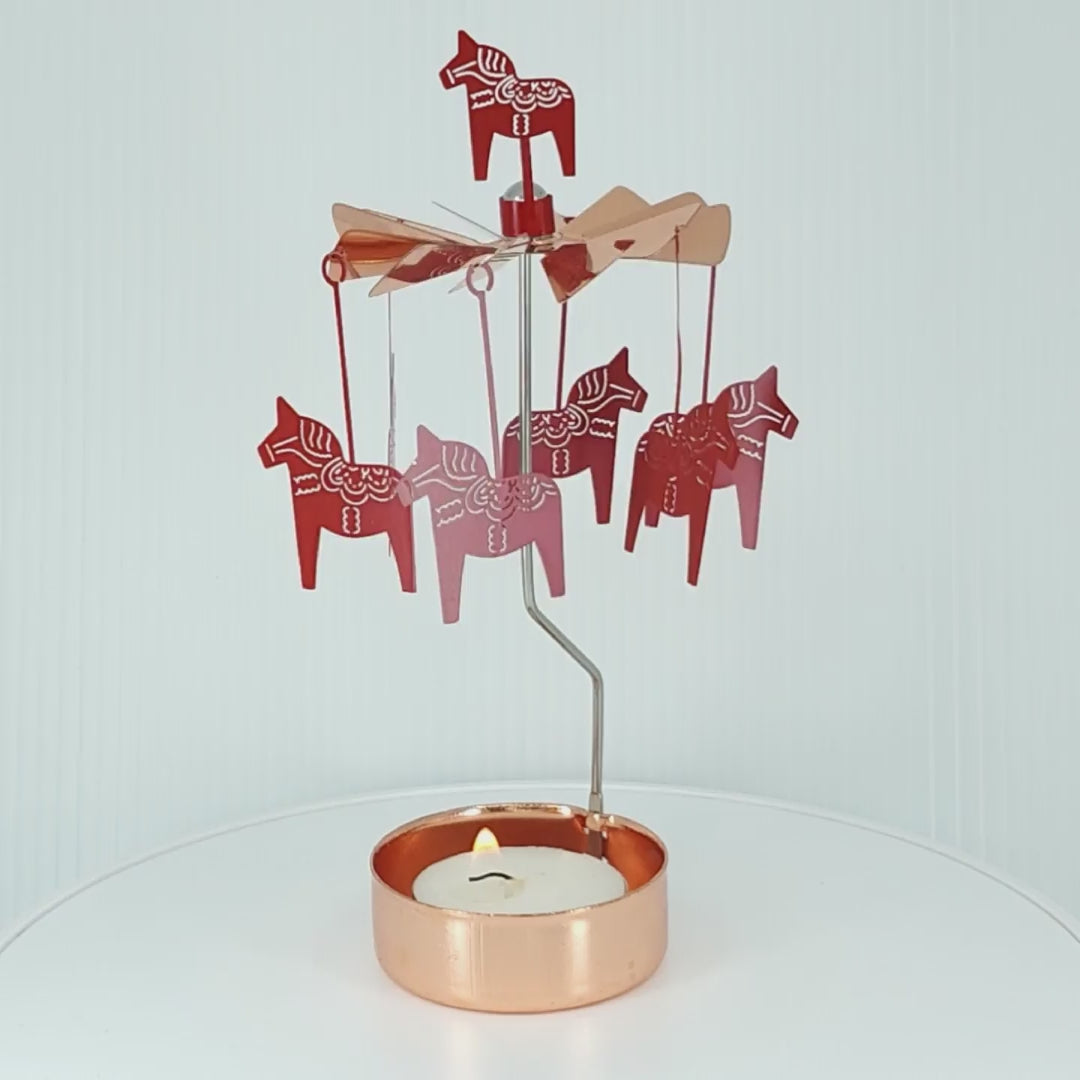 Candle Holder: Red Dala Horses with Rose-Gold Color Candle Holder & Spinner - Pluto Design Angel Chime