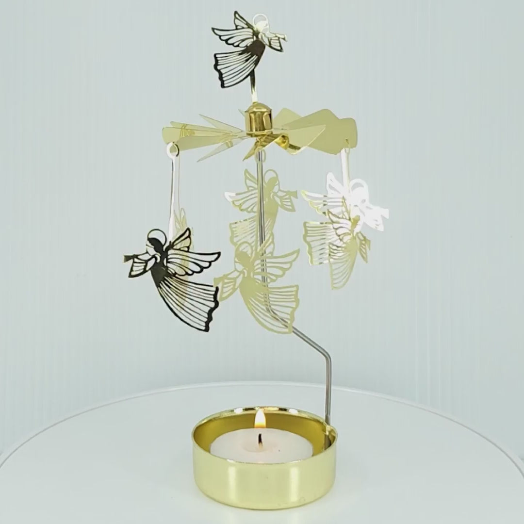 Candle Holder:  Pluto Design Gold Flying Angels Rotary Candle Holder