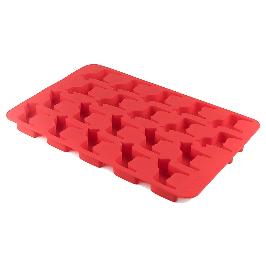 Red silicone ice cube tray featuring a range of bat-shaped molds, ideal for crafting unique sweet treats with the Candy Mold: Dalahast Pralinform.