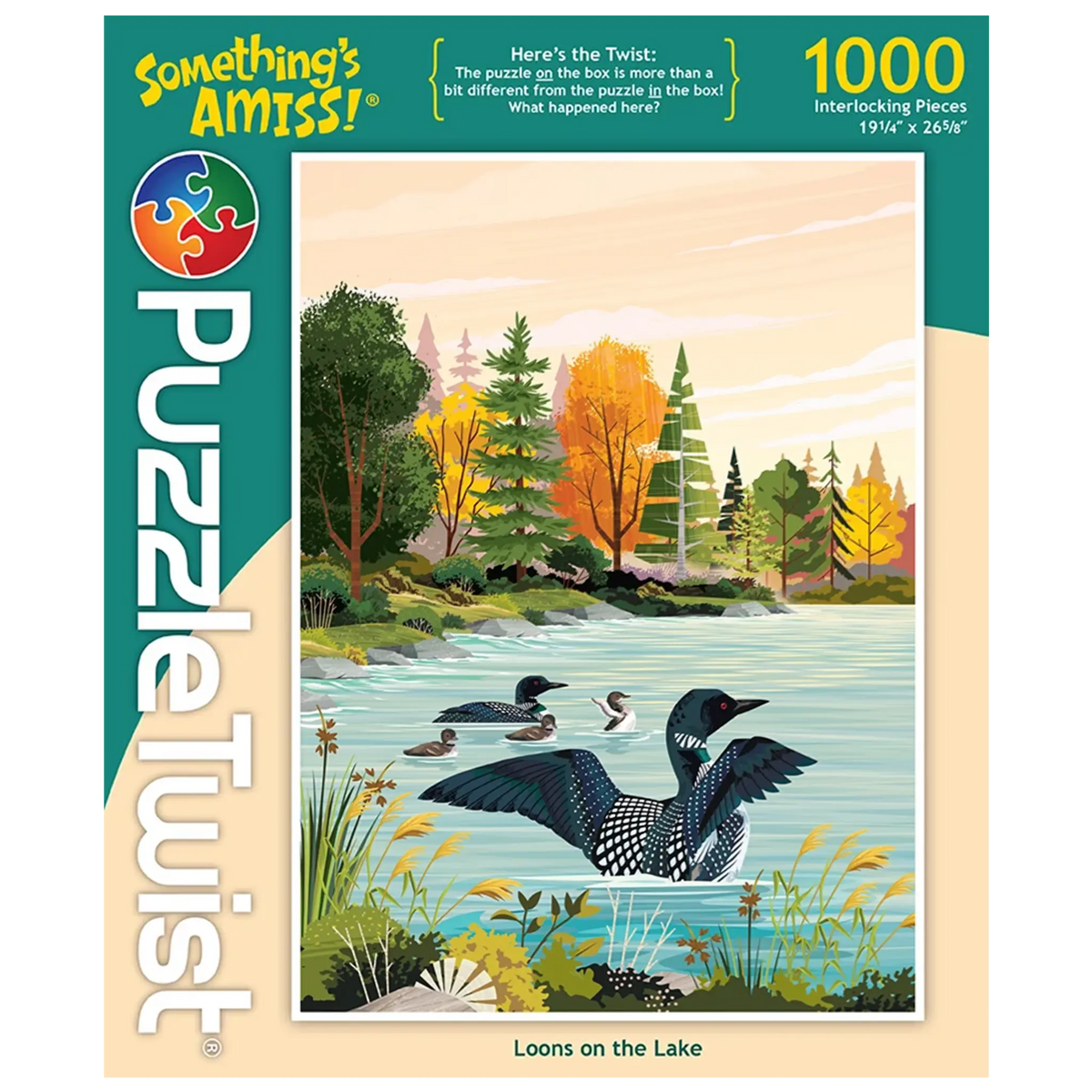 1000-piece puzzle showing Minnesota loons swimming on a lake beneath pale clouds, with trees in fall colors. Artwork by Tim Chapman visible on the box.