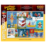 Jigsaw puzzle box showing cartoon Paul Bunyan and Babe the Blue Ox camping, fishing, biking, and canoeing; marked with PuzzleTwist logo and 1000 pieces.