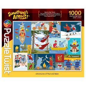 Jigsaw puzzle box showing cartoon Paul Bunyan and Babe the Blue Ox camping, fishing, biking, and canoeing; marked with PuzzleTwist logo and 1000 pieces.