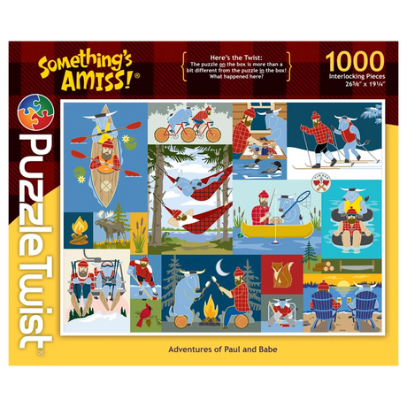 Jigsaw puzzle box showing cartoon Paul Bunyan and Babe the Blue Ox camping, fishing, biking, and canoeing; marked with PuzzleTwist logo and 1000 pieces.