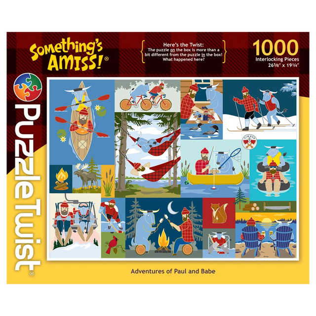 Jigsaw puzzle box showing cartoon Paul Bunyan and Babe the Blue Ox camping, fishing, biking, and canoeing; marked with PuzzleTwist logo and 1000 pieces.