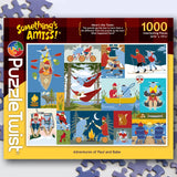 Puzzle showing Paul Bunyan and Babe the Blue Ox biking, canoeing, fishing, and camping in Minnesota outdoors; box displays the title “Somethings Amiss!”.
